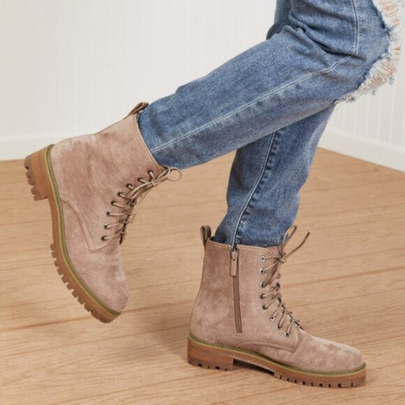 "Best of Luck" Khaki Combat Lace-up Suedette Booties - Picture 5 of 16